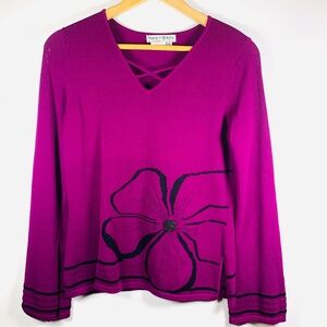 Nancy Bolen Magenta boho Embellished black beaded floral v-neck sweater blouse